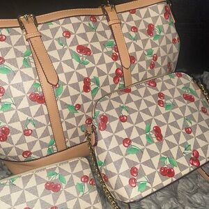 Cherry Patterned Tote, Wallet and Crossbody Set